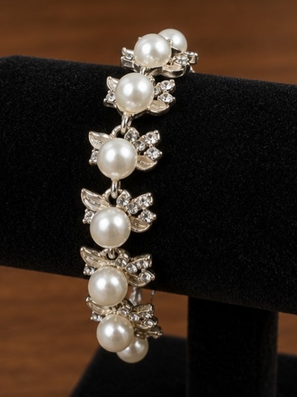 Silver-Tone Faux Pearl Rhinestone Floral Leaf Statement Bracelet